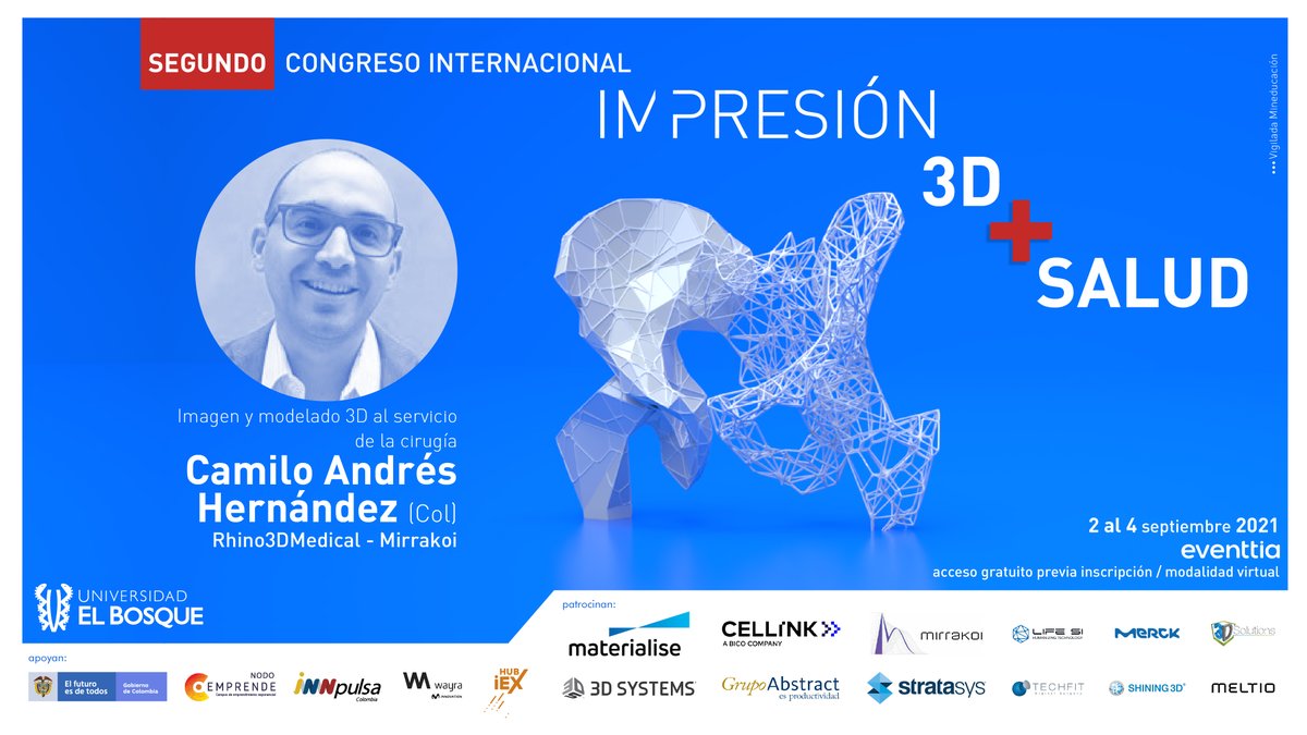Rhino3DColombia's tweet photo. Los invitamos a ver la conferencia Imagen y Modelado 3D al servicio de la Cirugía en el marco del 2do Congreso intl. de impresión 3D en áreas de la salud el cual se desarrollará el próximo 2, 3 y 4 de sept. https://t.co/hKEw1RBsgQ 
asiste sin costo en https://t.co/I8dKsQTGzW https://t.co/IfMWs9xlkk