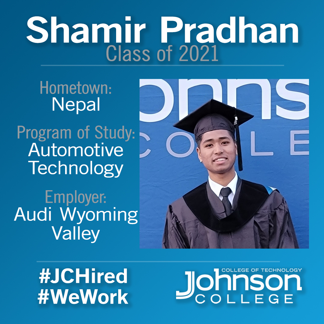 JohnsonCollege's tweet photo. Shamir Pradhan, ’21, graduated from our Automotive Technology program and is currently employed by Audi Wyoming Valley. Congratulations Shamir!!
To learn more about the Automotive Technology program, click here:
https://t.co/2tq8u0cYGy
#JCHired #WeWork #JCEssential #alumni https://t.co/xJO6svT9Kd