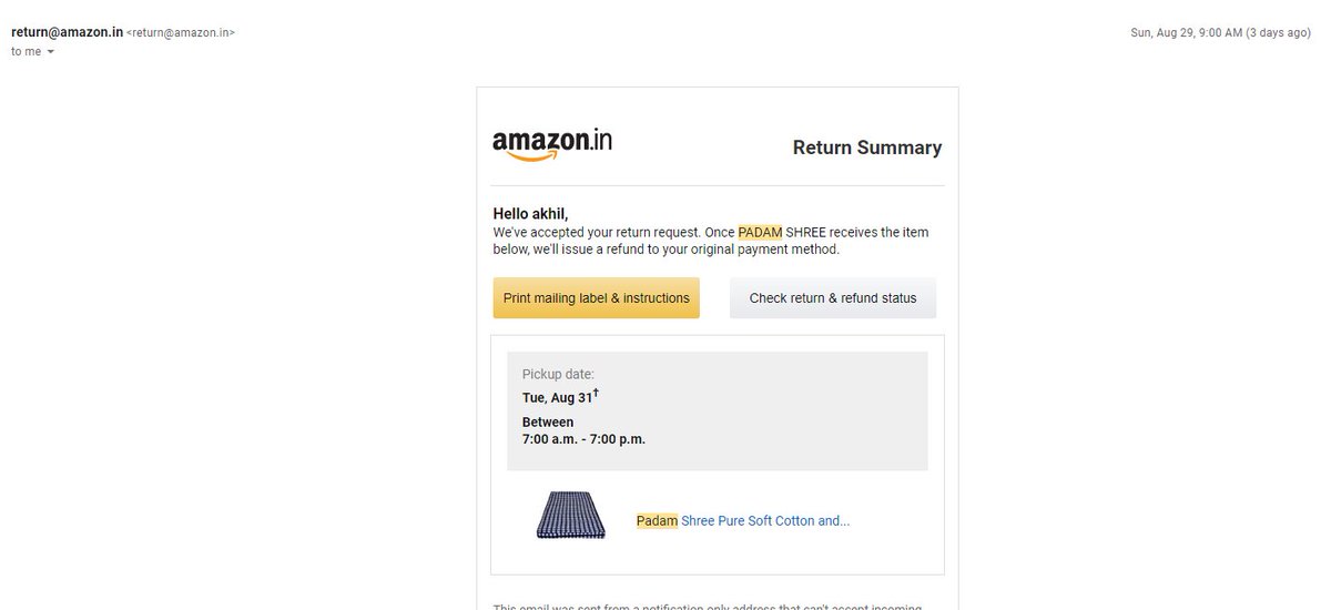 akil_sat's tweet photo. @K0000786 @amazonIN @amazon @amazonIN @AmazonHelp @JeffBezos Product return request was scheduled on 21/08/21, again got rescheduled on 31/08/21 but thanks to Amazon Prime Membership the product is still lying at my home. Kudos to Amazon efficiency!! https://t.co/LboXZwY9iv