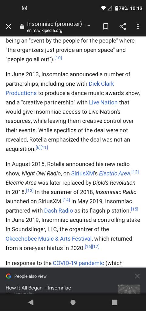 Capttripps88's tweet photo. @TheFestVoice Except it doesn't. Literally in the second paragraph at the end. The "deal" you're talking about way back in 2013 was a partnership and not an acquisition. Also I'd like you to show me somewhere that Live Nation is listed as even a partial owner of Insomniac events. Please?!? https://t.co/wBhN7h9TNB