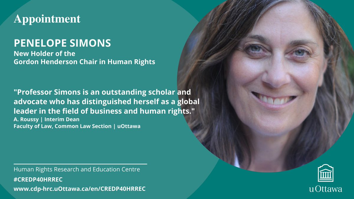 We are pleased to introduce the new Gordon Henderson Chair in #HumanRights at HRREC, <a href="/PenelopeSimons1/">Penelope Simons</a>.

Our team looks forward working with Penelope. Congratulations!

cdp-hrc.uottawa.ca/en/professor-p…

<a href="/uocommonlaw/">uOttawa | COMMON LAW</a>