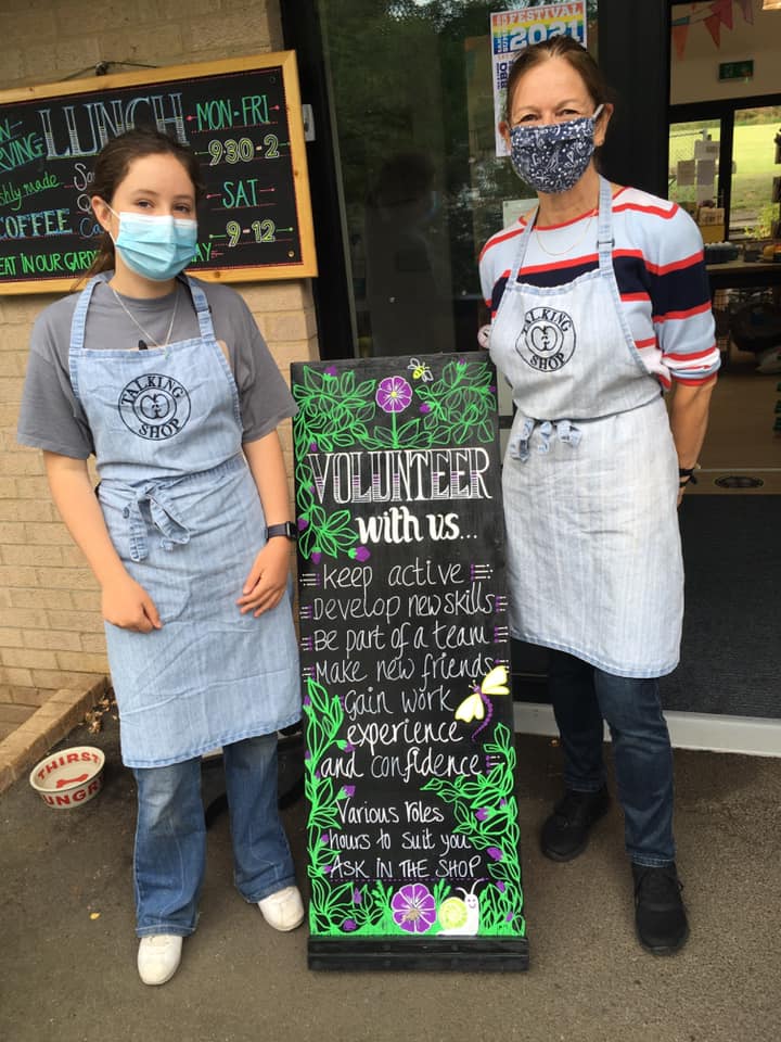 TalkingShopSand's tweet image. Here are two of our very happy volunteers standing by a beautiful board made by Jan our designer artist in residence! Louise has been volunteering for a while and is currently training Mary who will be working with us on Saturdays. Why not pop in for lunch in our garden?