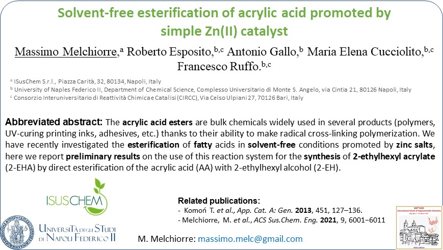 MassimoMelc's tweet photo. Glad to share my poster about "Solvent-free esterification of acrylic acid promoted by simple Zn(II) catalyst" @ISOCUnicam #ISOCUnicam 2021 https://t.co/UFxstnaqtk
