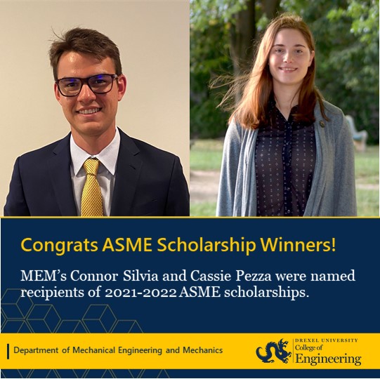 MEM undergrads Connor Silvia and Cassie Pezza were names recipients of ASME's International Gas Turbomachinery Institute (IGTI) and Nuclear Division (NED)/Variable scholarships, respectively. Congrats, both!