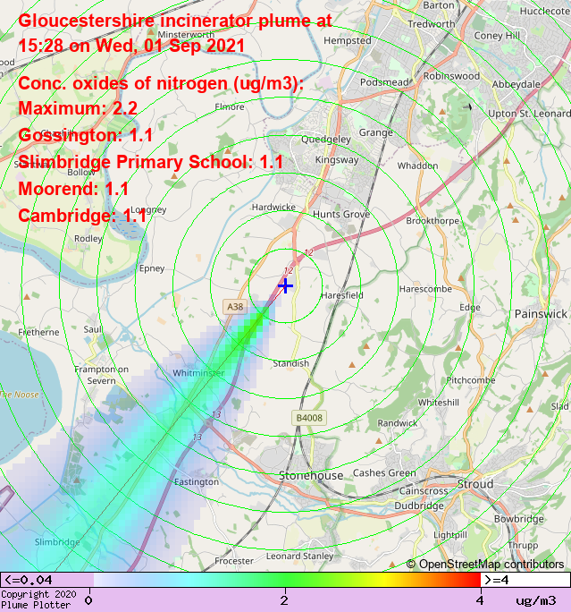 plumeplotter's tweet photo. Latest Gloucestershire incinerator plume plot, 15:28 01/09/21 #Gossington #Moorend #Cambridge https://t.co/mtbEc3uClI https://t.co/oJZfj0Zaug