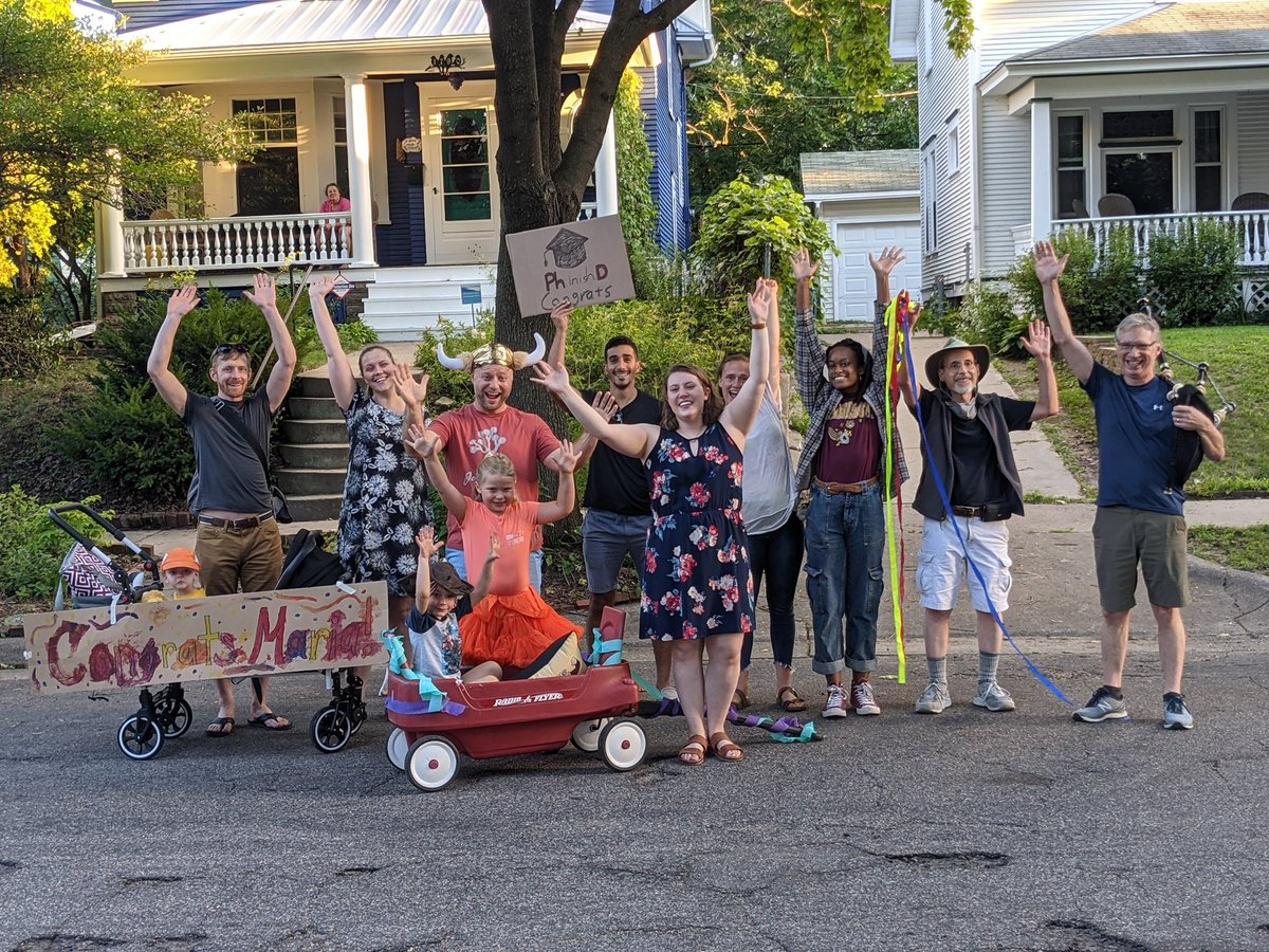 Congratulations Dr Linn-Evans on a beautiful defense and dissertation! It has been a joy working with you!! Here’s the surprise parade last night, with <a href="/Colum_Mac/">Colum MacKinnon</a> fearlessly leading the way on bagpipes. @marialinnevans