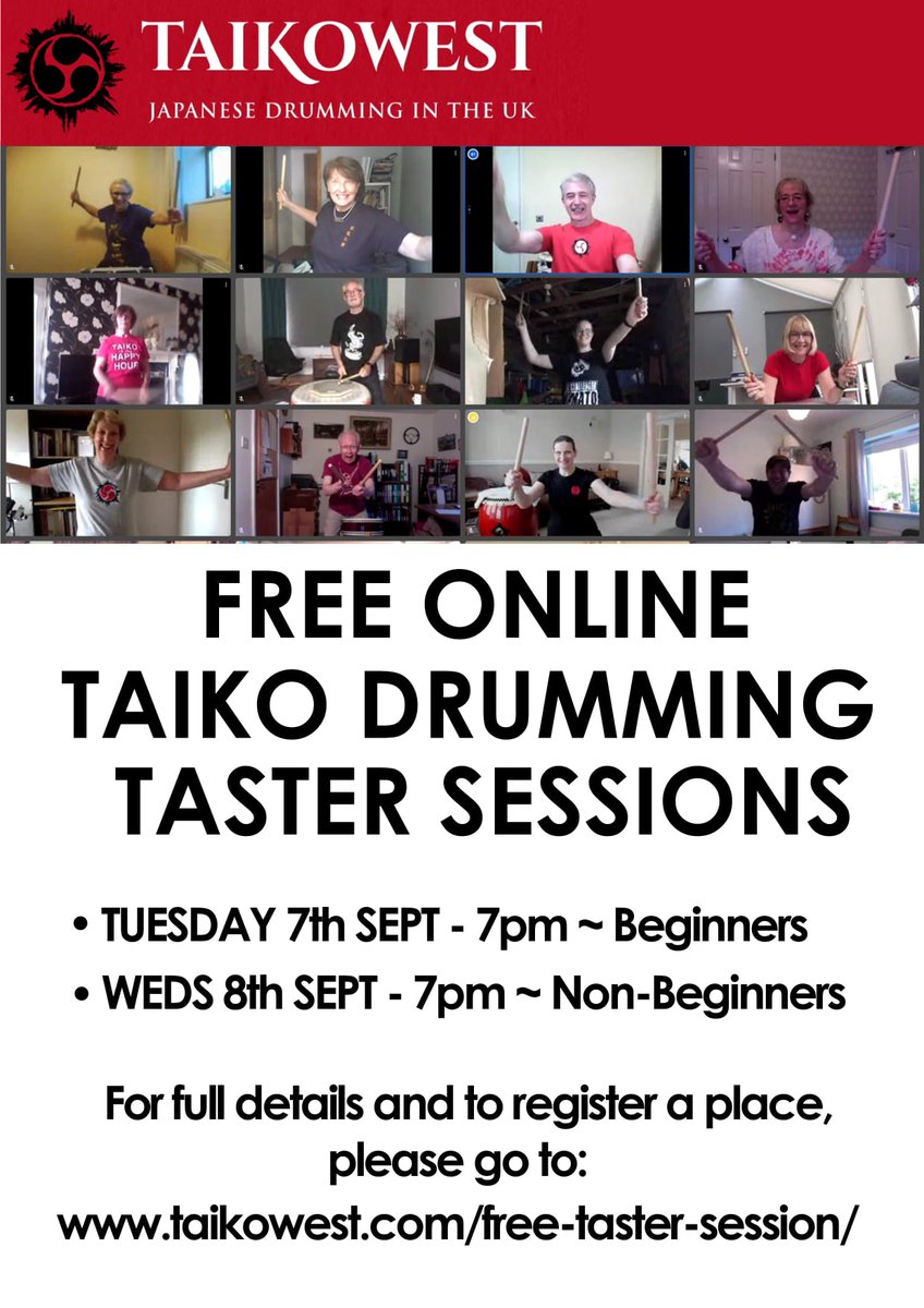 Ahead of our next Japanese Taiko Drumming online course starting in mid-September 2021, we are offering Free Taster Sessions. To register, go to taikowest.com/free-taster-se…

#taikodrumming #taiko #online