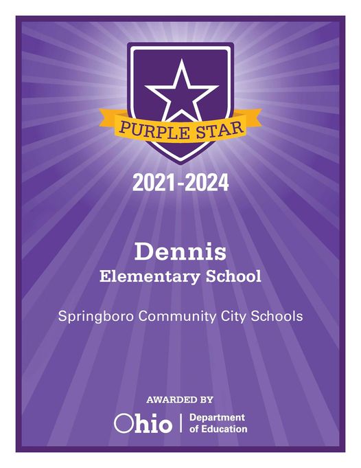 Congratulations Dennis!
State Superintendent of Public Instruction Paolo DeMaria announced the newest schools across Ohio that received the coveted Purple Star Award this school year. Dennis is one of the newest schools to be recognized.

See Below:

facebook.com/SpringboroOhio…
