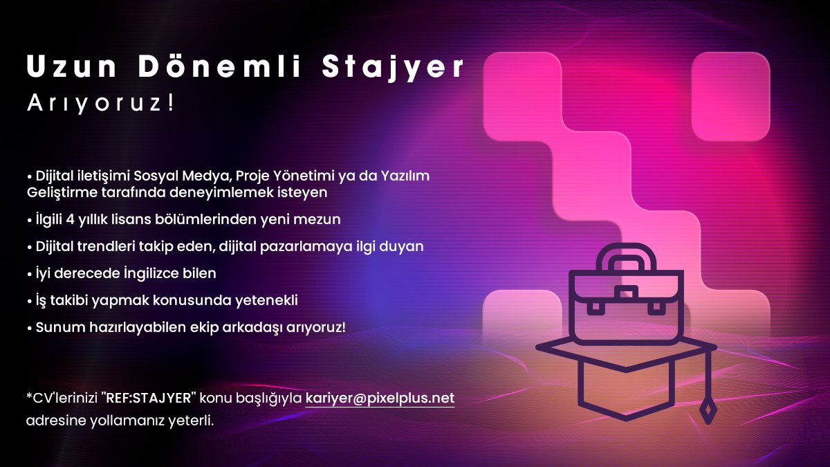 Pixelplus (@pixelplus) on Twitter photo 🔊Uzun Dönemli Stajyer Arıyoruz!
CV'lerinizi "REF:STAJYER" konu başlığıyla kariyer@pixelplus.net adresine yollamanız gerekli. 📩 🔊Uzun Dönemli Stajyer Arıyoruz!
CV'lerinizi "REF:STAJYER" konu başlığıyla kariyer@pixelplus.net adresine yollamanız gerekli. 📩
