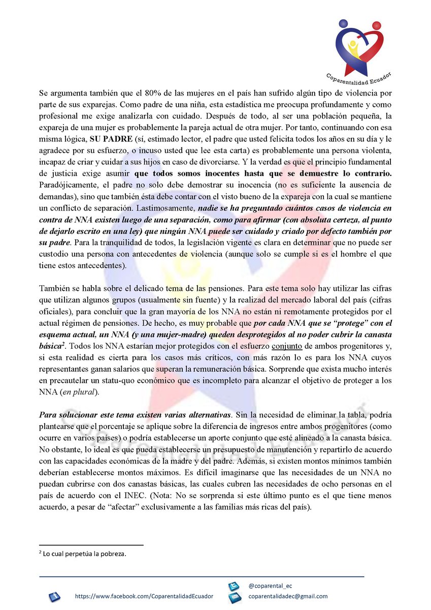 coparental_ec's tweet photo. Carta abierta por la #Corresponsabilidad Parental en #Ecuador
Srs. @CorteConstEcu @ComisionNinezAN @AsambleaEcuador, es hora que contemos con un #CódigoNiñez que prefiera a los niños, garantice sus derechos fundamentales e inalienables y los trate como sujetos plenos de derechos. https://t.co/kqSNPL9nri