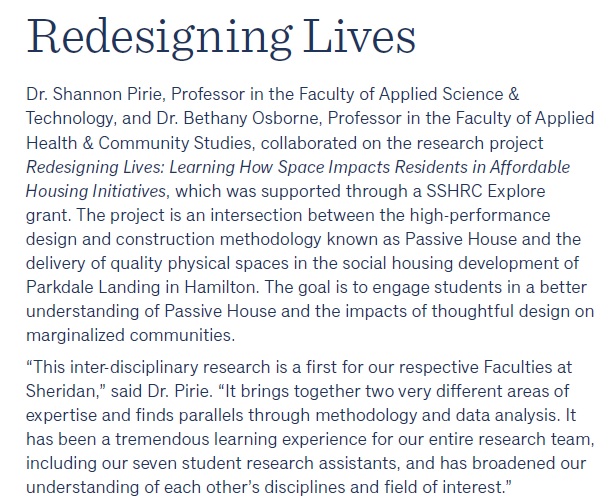 SheridanRIE's tweet photo. Featured in last year’s #SheridanResearch Annual Report, Drs. Shannon Pirie &amp; Bethany Osborne collaborated on "Redesigning Lives" to better understand impacts of thoughtful design on marginalized communities: https://t.co/gHZrcEW8hs. Stay tuned for the 2020/21 Report this Fall! https://t.co/1ifG0Vlmpb