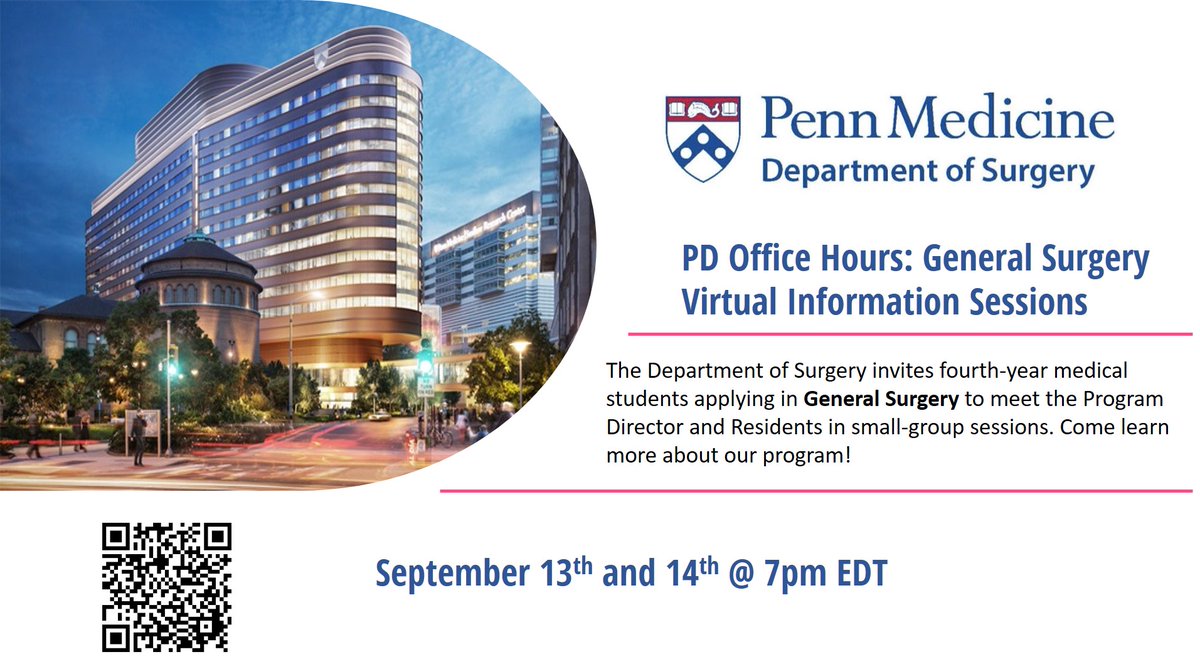 Are you applying in General Surgery this year?
Interested in learning more about Penn Surgery?
Join me and our residents for Penn General Surgery Residency PD Office Hours (small group Q&amp;A sessions) 
<a href="/pennsurgery/">PennSurgery</a>
Sign up with this link or QR code:
upenn.co1.qualtrics.com/jfe/form/SV_6t…