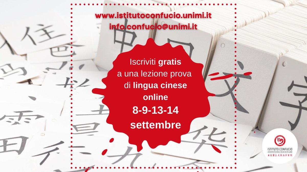🔴⭐️Volete seguire una lezione online di lingua cinese? Iscrivetevi gratuitamente alle nostre lezioni prova.
Le lezioni sono per tutti i livelli, scegliete quella che fa per voi! 
➡️🔴Per maggiori informazioni potete cliccare qui: 
---istitutoconfucio.unimi.it/.../sono-apert…