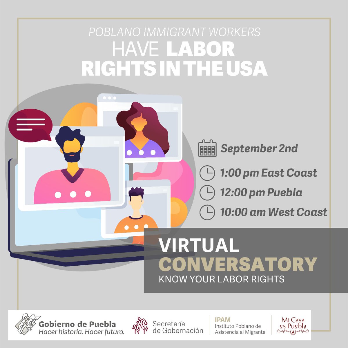Segob_Puebla's tweet photo. A través del @migrantepoblano te invitamos a participar en el conversatorio virtual "Derechos Laborales de los Migrantes Poblanos en Estados Unidos 2021" 🗓  2 de sept ⏰ 12:00 p. m.

Unirse al Zoom: https://t.co/f6eiNzyCxV
ID de reunión: 875 6641 4937
Código de acceso: 871090 https://t.co/mTruoQXIoG