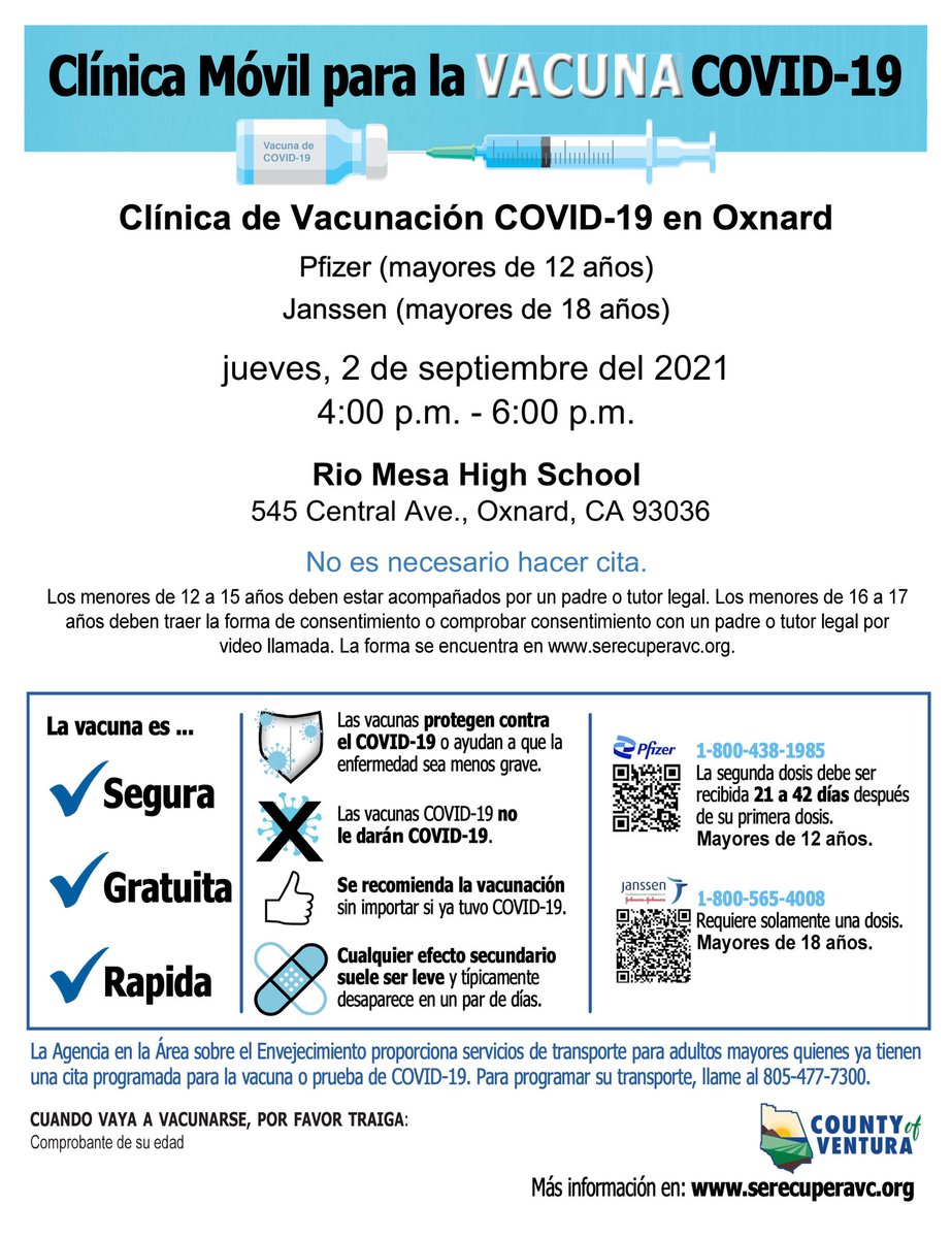 COVID-19 Mobile Vaccination Clinic will take place Thursday at Rio Mesa High School! No appointments needed.