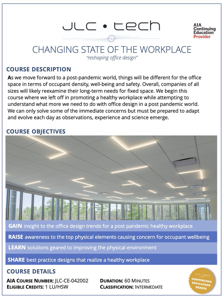 Our latest <a href="/AIANational/">AIA</a> course “Changing State of the Workplace: Reshaping Office Design” is now live! Reach out to your local rep to sign up. 
jlc-tech.com/wheretobuy.html

#OfficeDesign #AIA #Workplace #ContinuingEducation