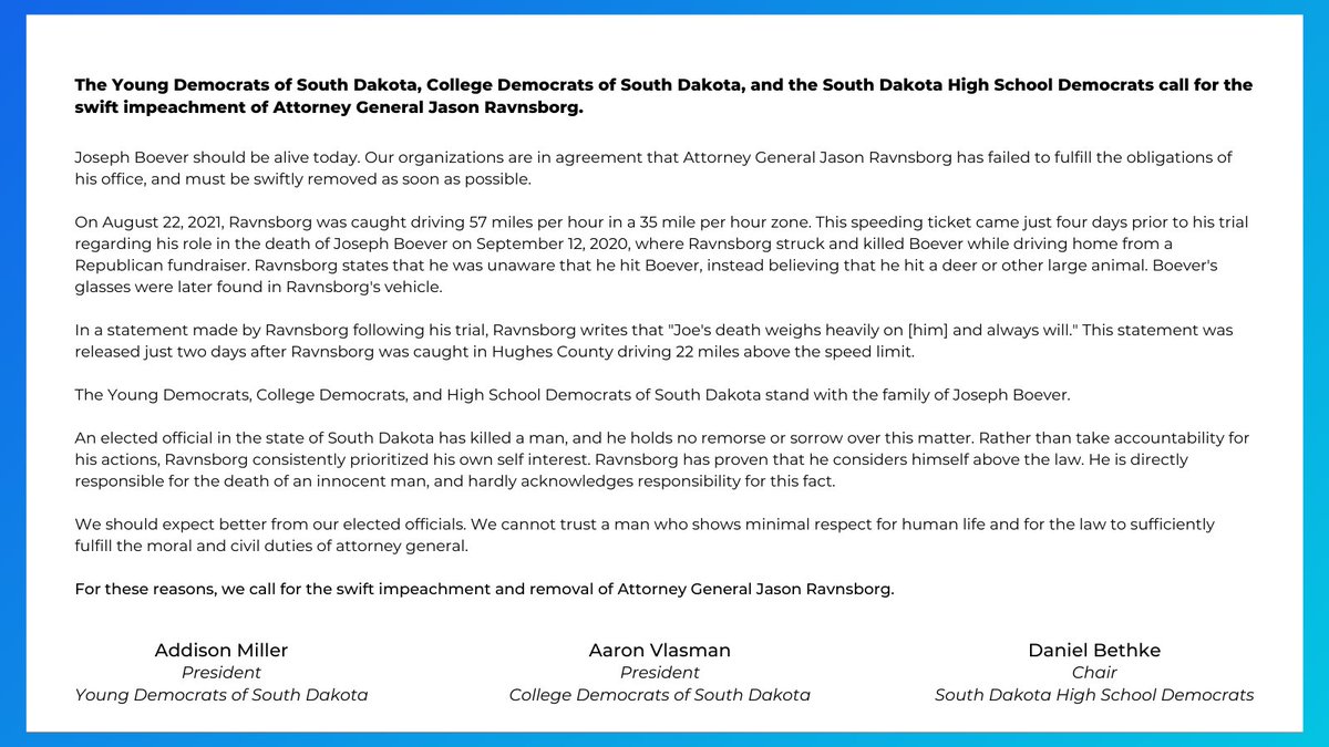BREAKING: The SD Dems, College Dems, and Young Dems call for the swift impeachment and removal of Attorney General Jason Ravnsborg.