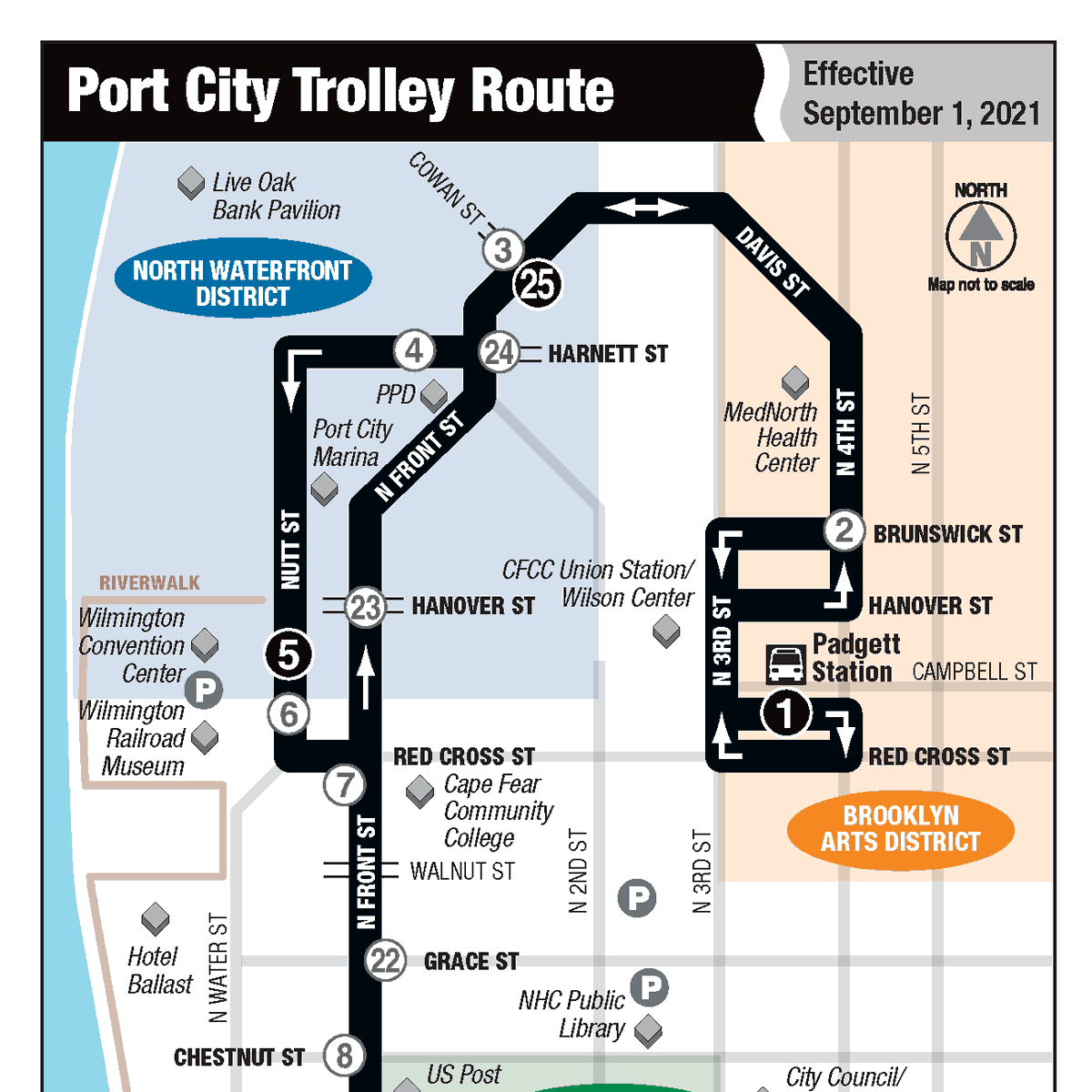 WaveTransitILM's tweet photo. 🧵 The Port City Trolley route got a refresh! Effective today, the free downtown trolley will offer 9 new stops, several along Nutt Street, that connect you with waterfront attractions! ⬇️ https://t.co/7Cs5nMo04H