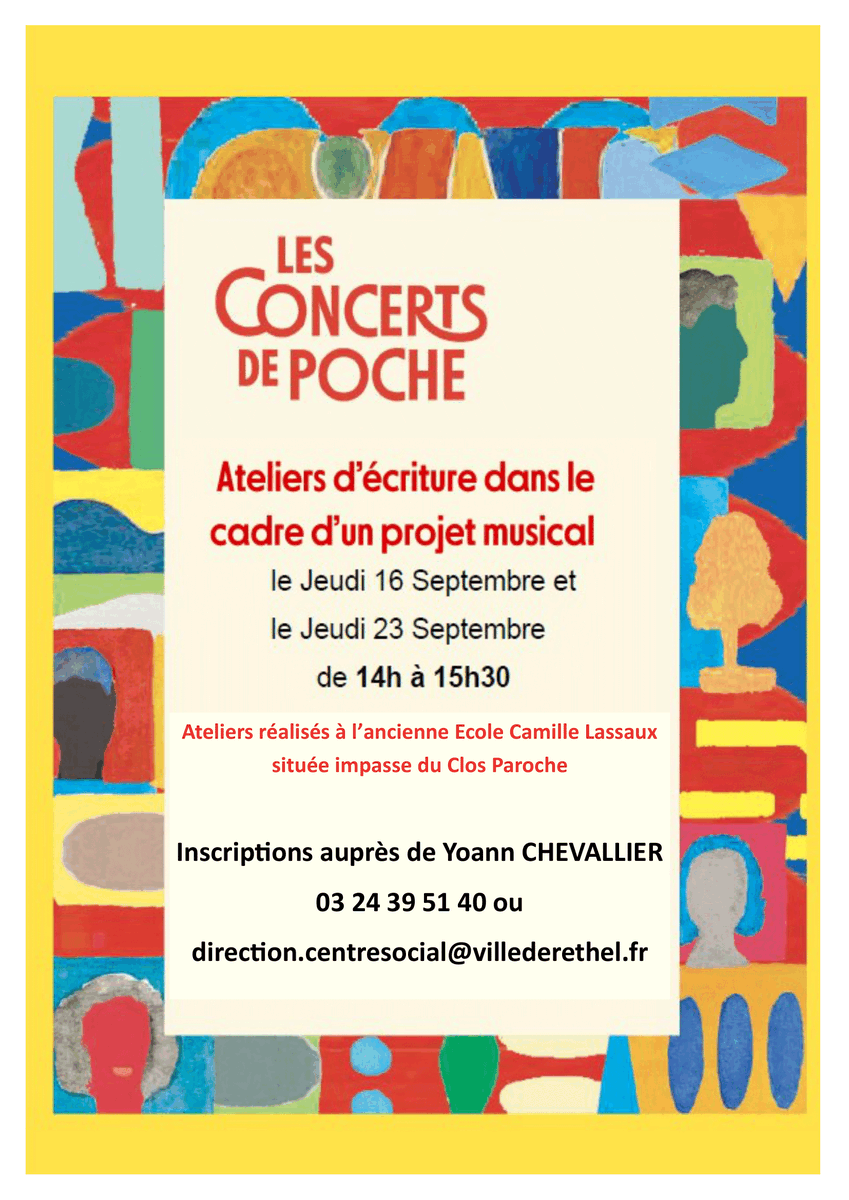 VILLEdeRETHEL's tweet photo. 🔵 ATELIERS "CHANT ET ÉCRITURE" – Les Concerts de Poche portés par le Théâtre Louis Jouvet et le futur CENTRE SOCIAL
➡️ Yoann Chevallier 03.24.39.51.40 ou direction.centresocial@villederethel.fr

[#RETHEL][#CENTRESOCIAL][#SERVICESOCIAL][#THÉÂTRELOUISJOUVETRETHEL][#ATELIERSCHANT] https://t.co/NciUcyBZKK