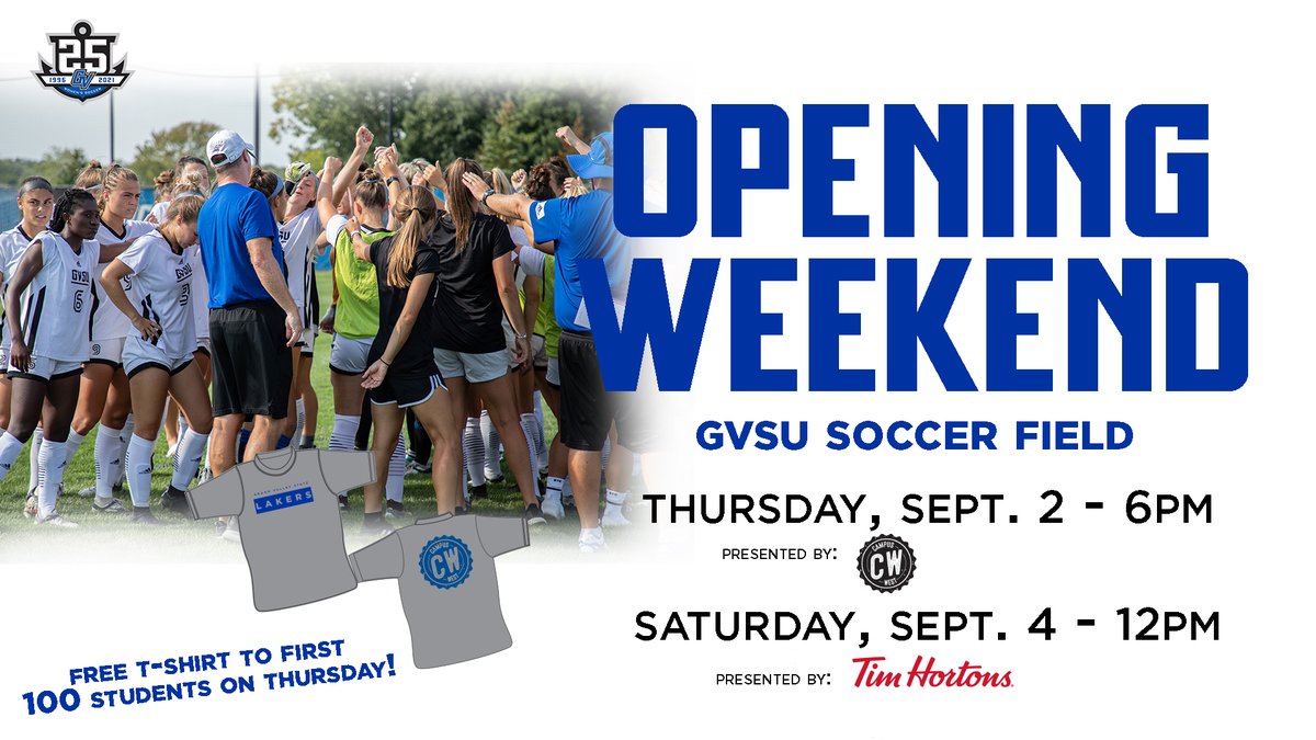 We officially have a home event tomorrow night! <a href="/GVSUsoccer/">GVSU Soccer</a> opens the new athletic year against Lindenwood at 6pm! 

The first 100 students get a free t-shirt courtesy of <a href="/Campus_West/">Campus_West</a>