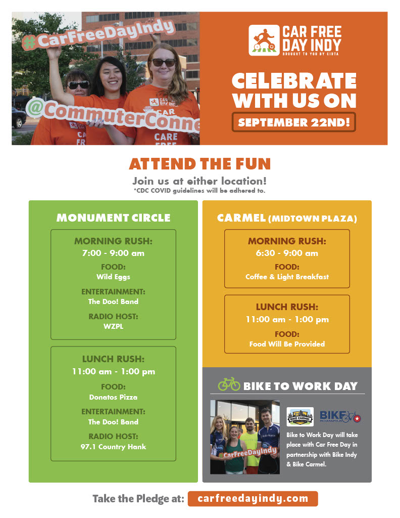 Looking for a way to get #BackDowntownIndy? How about #BikeDowntownIndy 🚴

Bike to Work Day and World Car Free Day are just 3 weeks away with a morning rush and lunch rush celebration for everyone who ditches the car and rides to work on Sept. 22.