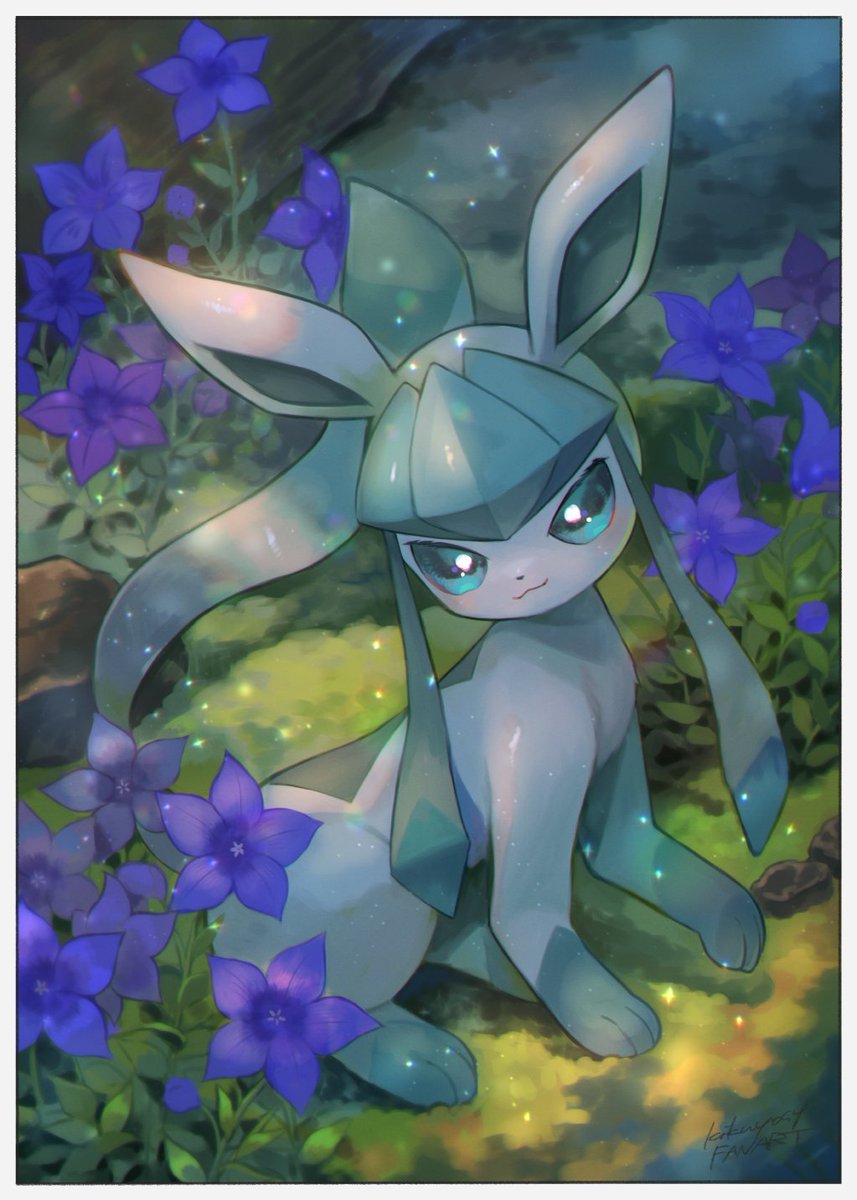 glaceon pokemon (creature) no humans solo flower closed mouth outdoors toes  illustration images