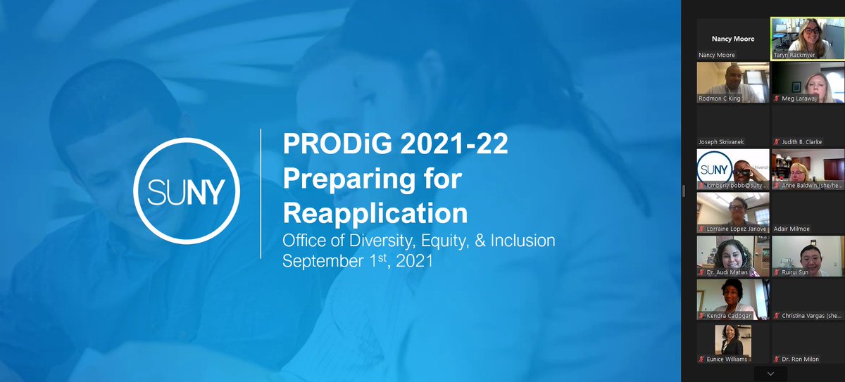 SUNYDiversity's tweet photo. HAPPENING NOW: We are meeting with Chief Diversity Officers from across @SUNY to talk about #PRODiG Cohort III applications! 

Don't worry if you missed us this time - there will be more opportunities for questions in the coming weeks! For more info, please email prodig@suny.edu. https://t.co/s9KkSBZ5KD