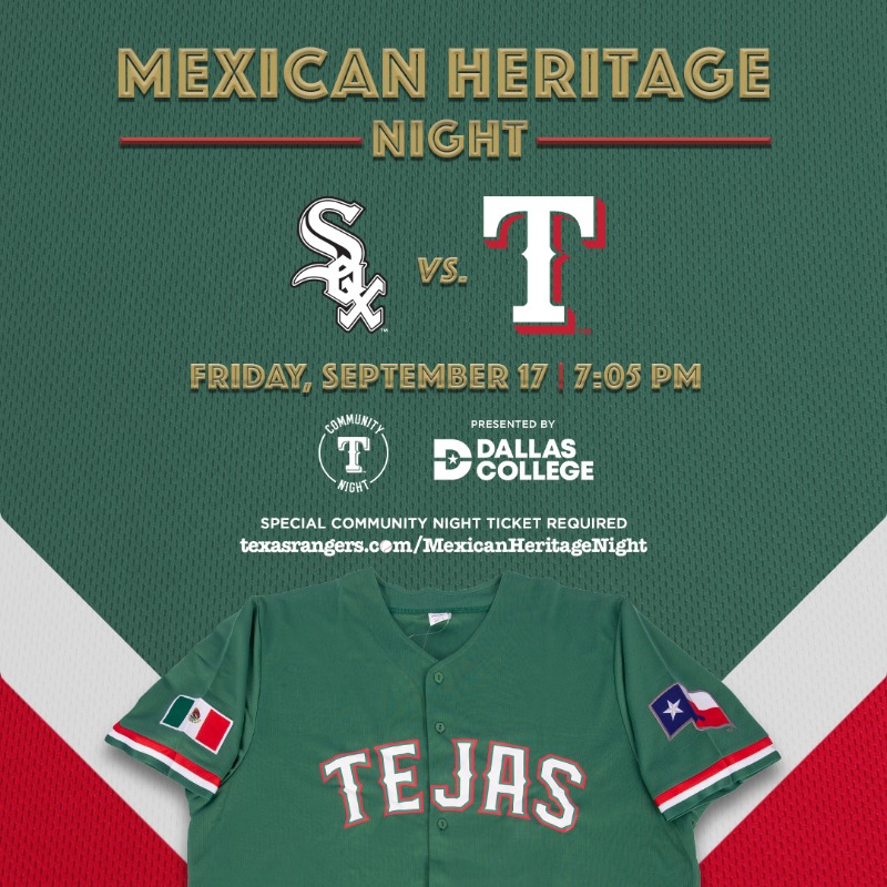 Dallas College on X: Check that swag 👀 Fans attending tonight's @rangers  game will receive a special Mexican Heritage Theme Night jersey courtesy of  the club and Dallas College. The game is