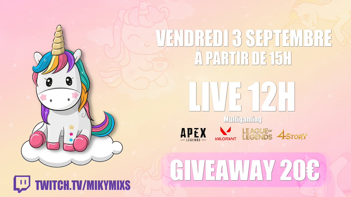 lMikymix's tweet image. 🦄 OYE OYE

Les 200 follows atteint, je vous propose le live 12h.

Au programme : 
- Apex (15h-17h)
- 4Story (17h-18h)
- Valorant (18h-21h) 
- Jeux à plusieurs (21h-00h)

Et après jusqu'à 3h on improvisera

⚠️ GIVEAWAY A 21h ⚠️

#twitch #stream #giveaway