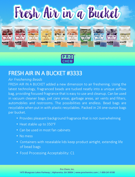 ProChemInc's tweet photo. The possibilities are endless with FRESH AIR IN A BUCKET. Can be used in vacuum cleaner bags, garbage areas, air vents and filters, fleet lines, automobiles and restrooms. Available in 10 fragrances. Call 800-241-8180 or reach out to your Sales Representative to order! https://t.co/5lNCKKtl8E