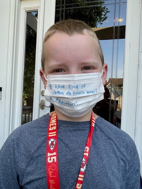 Meet Charlie. He's a trend-setter. Charlie decided the best mask to wear is one with a joke &amp; we couldn't agree more! Every day, he writes a new joke on a disposable mask for his classmates &amp; teachers to enjoy. Keep up the fun, Charlie! #LoveWill #MaskUp