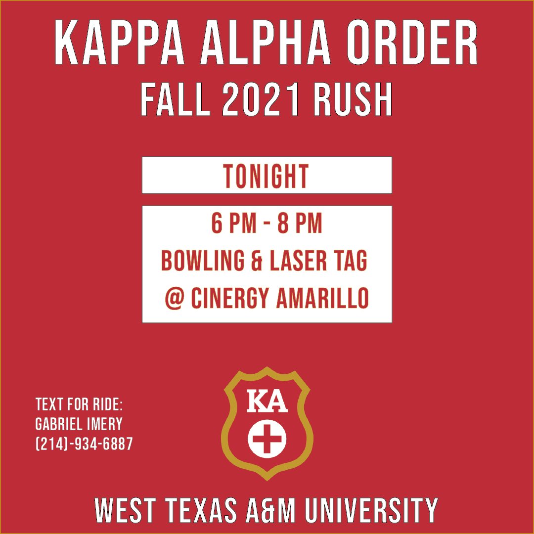 Show your rush preference by attending our event at Cinergy this evening. We will meet at the KA lodge at 5:40pm to car pool. Contact Gabriel Imery to fill out the interest form to RSVP or if you need a ride from campus.