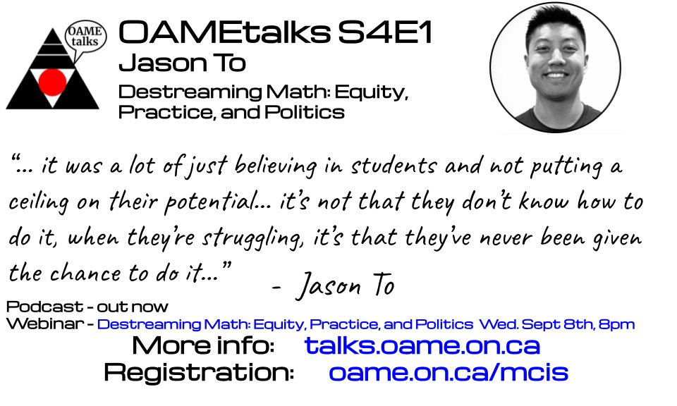 [New Podcast] New podcast episode features <a href="/Jason_To/">Jason To is chillin’ on BlueSky (@mrjasonto.com)</a> with a preview of his Sept 8th webinar "Destreaming Math: Equity, Practice, and Politics". This free webinar is open to all teachers.  More info at:

talks.oame.on.ca/season-4

#mathchat  #MTBoS #iTeachMath