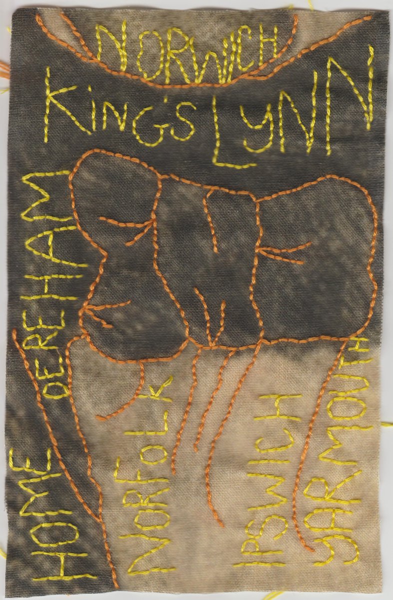 A patch embroidered with East Anglian towns! Moses will be on display in <a href="/GressenhallFW/">Gressenhall Farm and Workhouse</a> from the 10th of September till the 19th! 

#mosesroper #stitchingmoses #decolonisation #norfolkmuseums #kickthedust