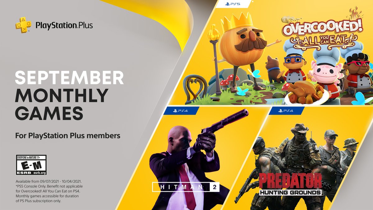 PlayStation's tweet image. Overcooked! All You Can Eat (PS5), Predator: Hunting Grounds (PS4), and Hitman 2 (PS4) are your PlayStation Plus games for September: play.st/3yxb2B3