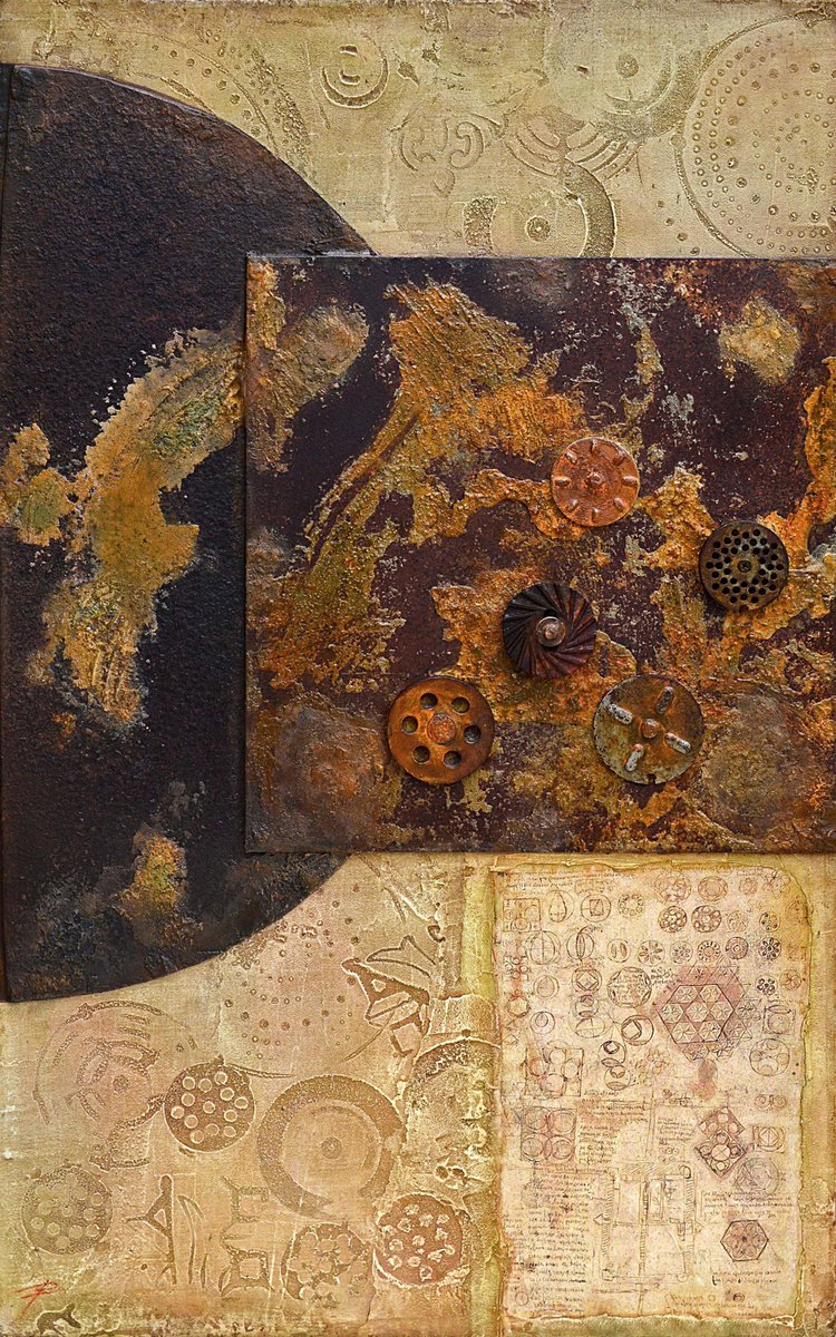 La Flor de la Vida (80x50 cm).
Ferro rovellat, resines minerals i paper imprès.
Obra inspirada en els estudis de geometria sagrada de Leonardo da Vinci.
isabelponstello.wordpress.com