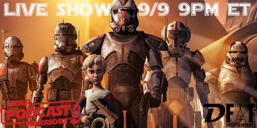 DFATent's tweet photo. The Bad Batch season one discussion is coming at you LIVE on Thursday 9/9 at 9pmET. Come watch, interact and geek out on the DFAT Entertainment Facebook page! LINK IN BIO!

#starwarriors #starwars #thebadbatch #DFATent #podcast 🎙️ https://t.co/50e4dPoueO
