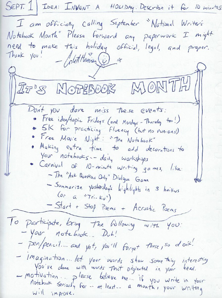 WritingFix's tweet image. This year, I'll be posting (pinterest.com/corbettharriso…) my daily #writersnotebook entries, which I kept for 15+ years alongside my student #writers.  Here are my entries for today and tomorrow. I hope these inspire your students who can't find their own topics or who like challenges