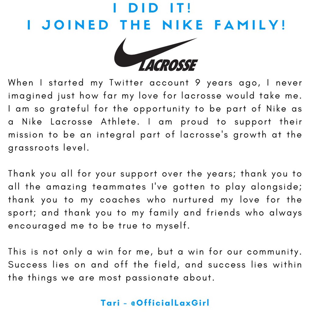 fluctuar sequía analogía Tari | Official Lax Girl™️ on Twitter: "So happy to share that I have  signed with @Nike as a Nike Lacrosse Athlete! Proud to be part of the  lacrosse community and use