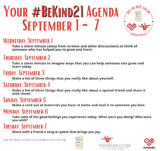 FredRogersInst's tweet photo. Today is the first day of #BeKind21, a 21-day celebration of kindness! Join us and our neighbors at @JAMbethekindkid and @When_You_Wonder in pledging to complete these Fred Rogers-inspired acts of kindness in the week ahead. #JustTheWayYouAre https://t.co/aOc7i0ZlYl