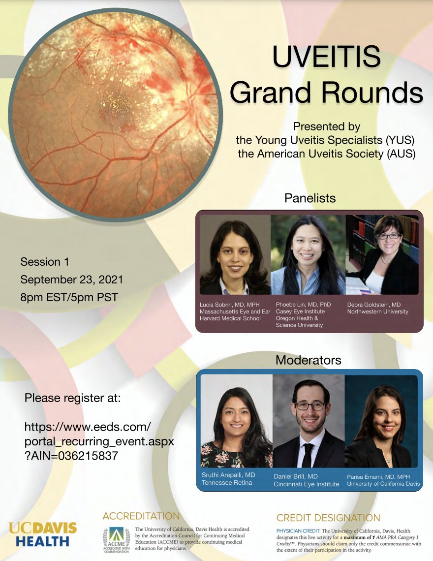 Young Uveitis Specialists (@younguveitis) on Twitter photo Register for our first YUS Virtual Grand Rounds on Sept 23, 2021, 8 PM EST/5 PM PST!
Drs. Debra Goldstein @nuophthalmology, Lucia Sobrin <a href="/masseyeandear/">Mass Eye and Ear</a> & Phoebe Lin @ohsucaseyeye will serve as our expert panelists. #uveitis #ophthalmology
Register here: eeds.com/portal_recurri… Register for our first YUS Virtual Grand Rounds on Sept 23, 2021, 8 PM EST/5 PM PST!
Drs. Debra Goldstein @nuophthalmology, Lucia Sobrin <a href="/masseyeandear/">Mass Eye and Ear</a> & Phoebe Lin @ohsucaseyeye will serve as our expert panelists. #uveitis #ophthalmology
Register here: eeds.com/portal_recurri…