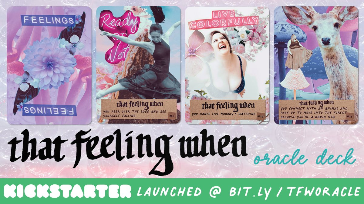 lysapenrose's tweet image. Let’s. Do. This.

The KS for my oracle deck is now live!!! That Feeling When is a 44-card deck of the liminal spaces between big emotions. It features community imagery from lovely TTRPG and witchy friends!

With an exclusive KS price for the deck, gogogo pledge!!