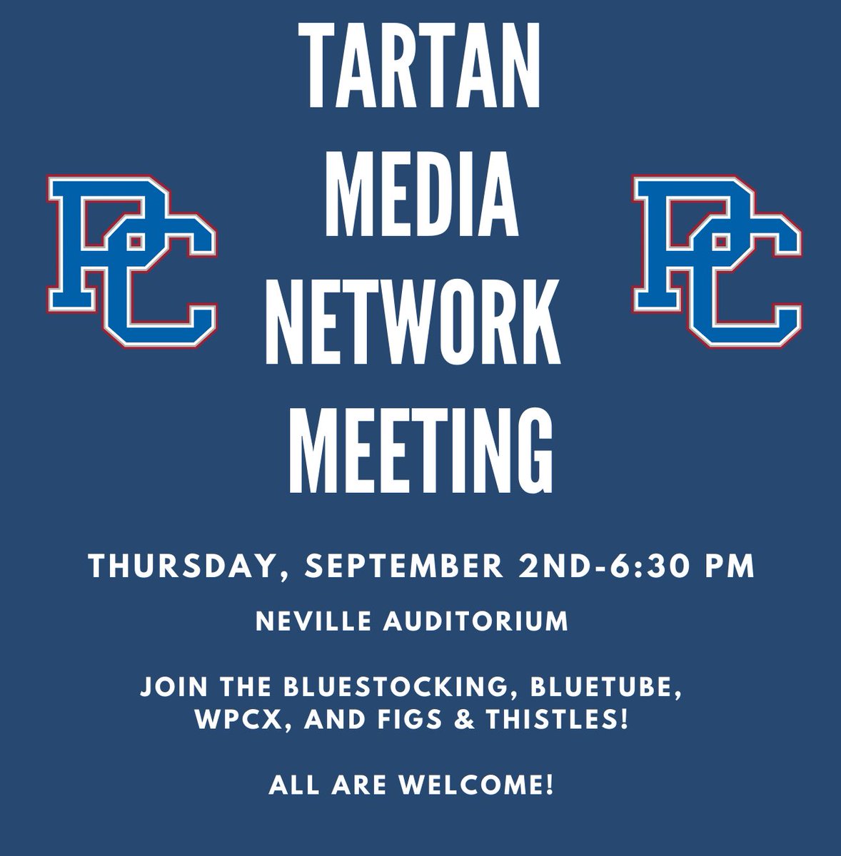 🚨PC Students!🚨 Are you wanting to know more about the different student medias PC has to offer? The Tartan Media Network will be holding an interest meeting this Thursday, September 2nd at 6:30 PM in Neville Auditorium. RSVP through CampusGroups today!