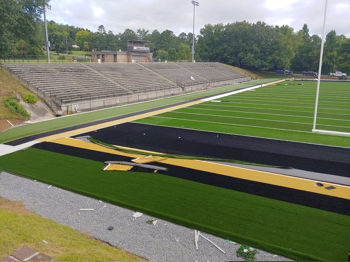 Day 78 at Bear Stadium. Back to work day. The black end zones trimmed in gold are gonna look mighty good when the Bears play at home. God Bless and Go Bears!