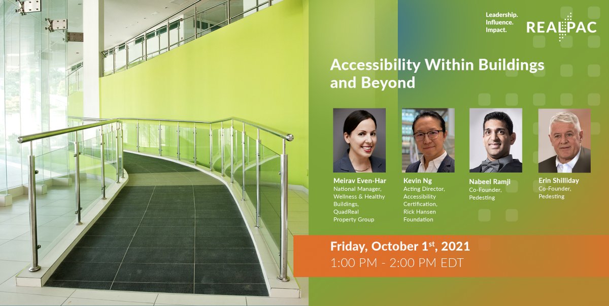 Join REALPAC and our panel of industry experts from <a href="/pedesting/">Pedesting</a>, <a href="/RickHansenFdn/">Rick Hansen Foundation</a> and <a href="/QuadRealGroup/">QuadReal</a> on Oct 1st for a discussion on how to make buildings accessible - both within and beyond the physical space. Learn more and register for this webinar at:  realpac.ca/accessibilityw…