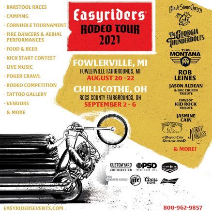 Tomorrow marks the start of the Easyriders Rodeo Tour in Chillicothe, OH! The event is running from September 2-6. Don't miss out on a long weekend of great music and fun activities, learn more here 👉 bit.ly/3zpjSC6 #livemusic #musicfestival #motorcyclerodeo