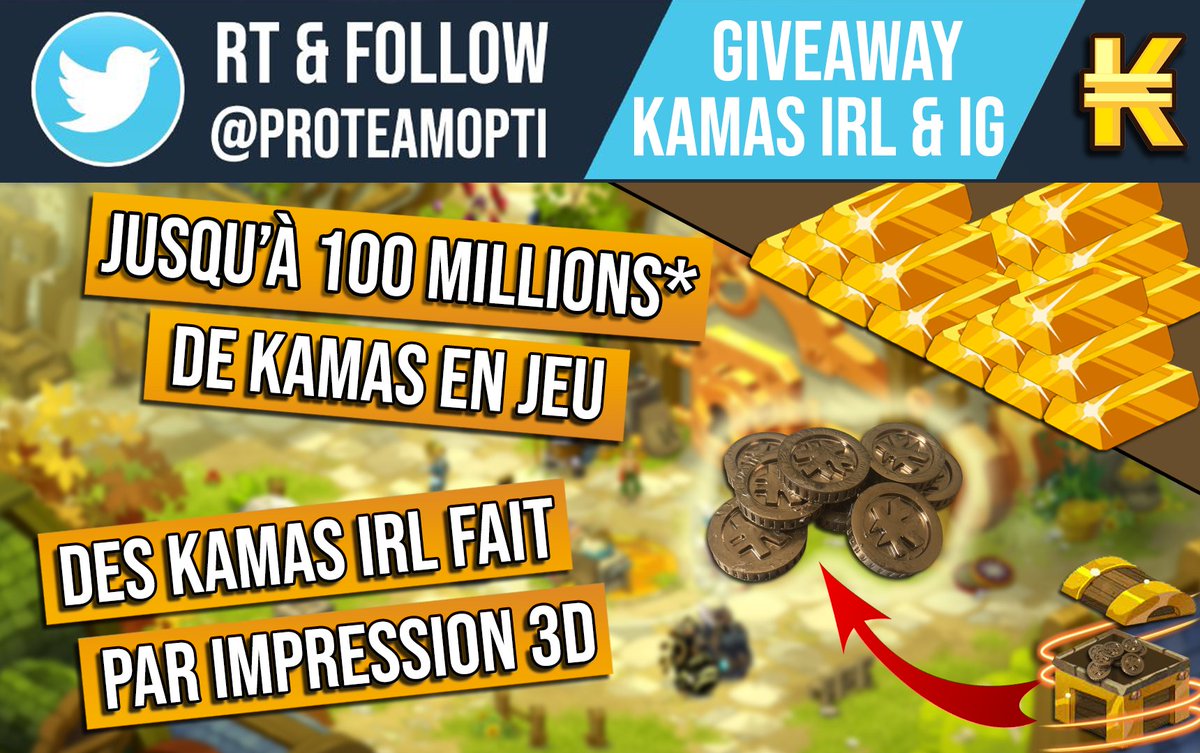 ProTeamOpti's tweet image. ✨GIVEAWAY KAMAS EN JEU & IRL✨
Pour participer : RT & Follow @ProTeamOpti 🔁✅
Jusqu'à 100 Millions de Kamas sur le serveur de votre choix* + Un tas de Kamas IRL fait par impression 3D*💵
Tirage au sort le 15/09/2021🎁
Bonne chance à tous !🍀
+ D'infos⬇️