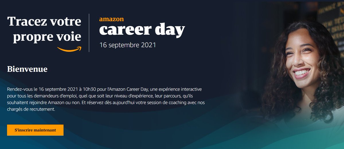 📆 Rendez-vous le 16/09 à 10h30 pour #CareerDay, une journée d'inspiration, de motivation de conseils et de coaching pour vous aider à décrocher un nouvel emploi chez #Amazon ou ailleurs.

💥Un évènement 100% digital et gratuit !
#CareerDayFr <a href="/Shi4Tech/">💙 #TechForGood 💙</a>

👉 amazoncareerday.com