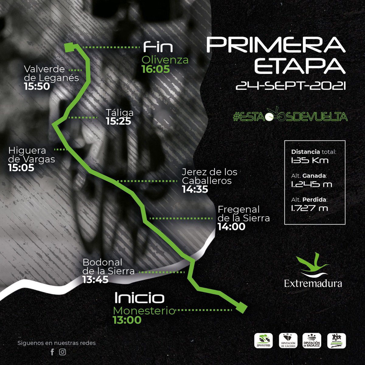 Aquí tienes toda la info necesaria de la 1.ªETAPA de La Vuelta a Extremadura . . ℹ️