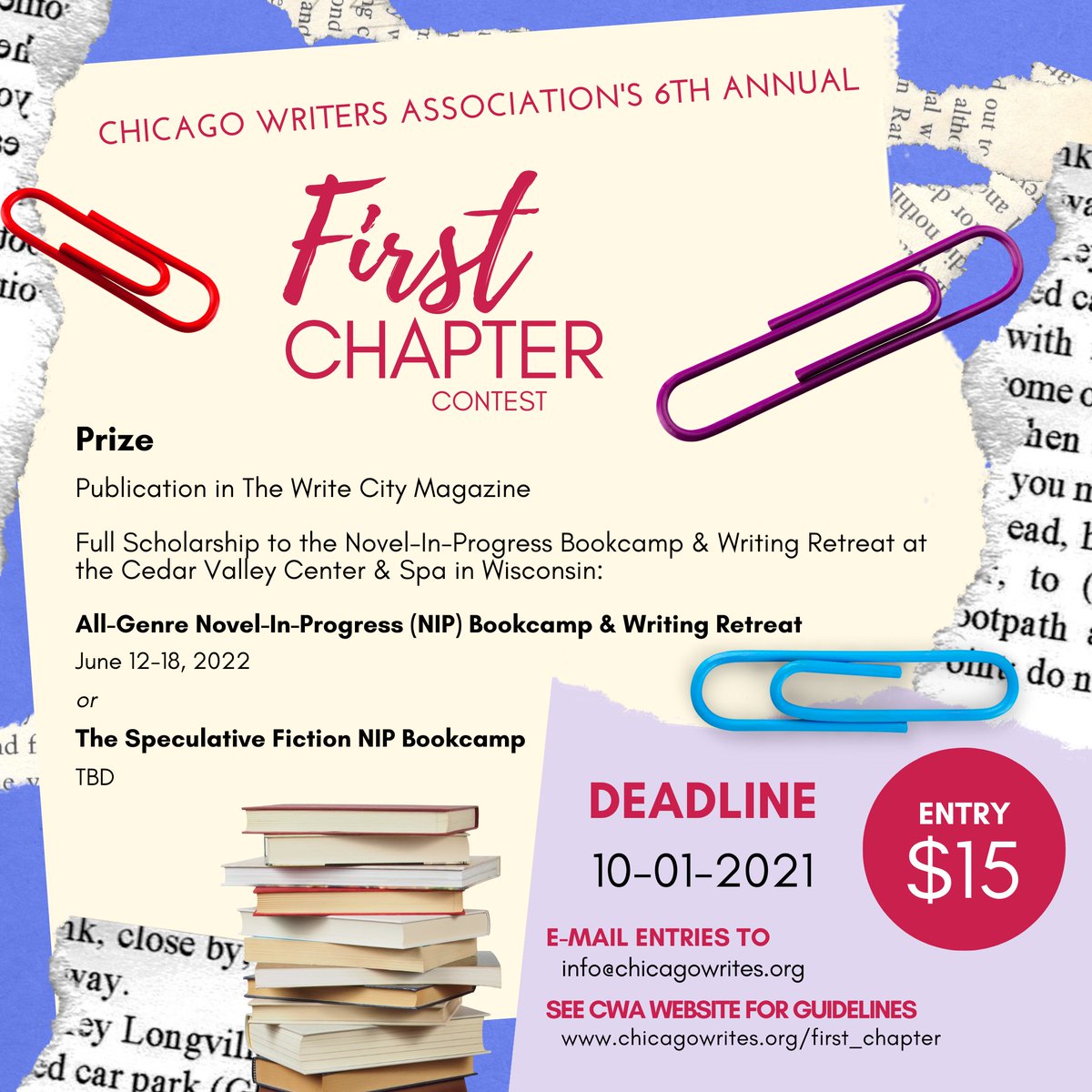 chicagowrites's tweet image. Are you #writing a #novel? Submit #chapter one of your work, up to 10 pages, to the CWA’s sixth annual First Chapter Contest! The deadline is October 1, 2021. 

Visit our site for #submission guidelines: chicagowrites.org/first_chapter 

#firstchaptercontest #writingcontests